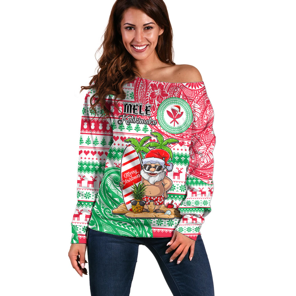 Personalized Hawaii Christmas Off Shoulder Sweater Santa Claus Surf Mele Kalikimaka LT05 Women Red - Polynesian Pride