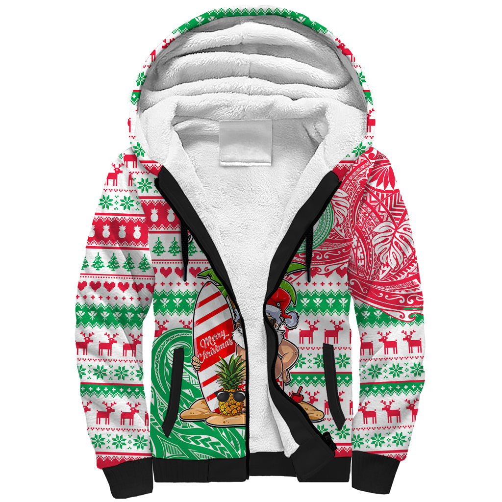 Personalized Hawaii Christmas Sherpa Hoodie Santa Claus Surf Mele Kalikimaka LT05 Unisex Red - Polynesian Pride