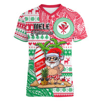 Personalized Hawaii Christmas Women V Neck T Shirt Santa Claus Surf Mele Kalikimaka LT05 Female Red - Polynesian Pride