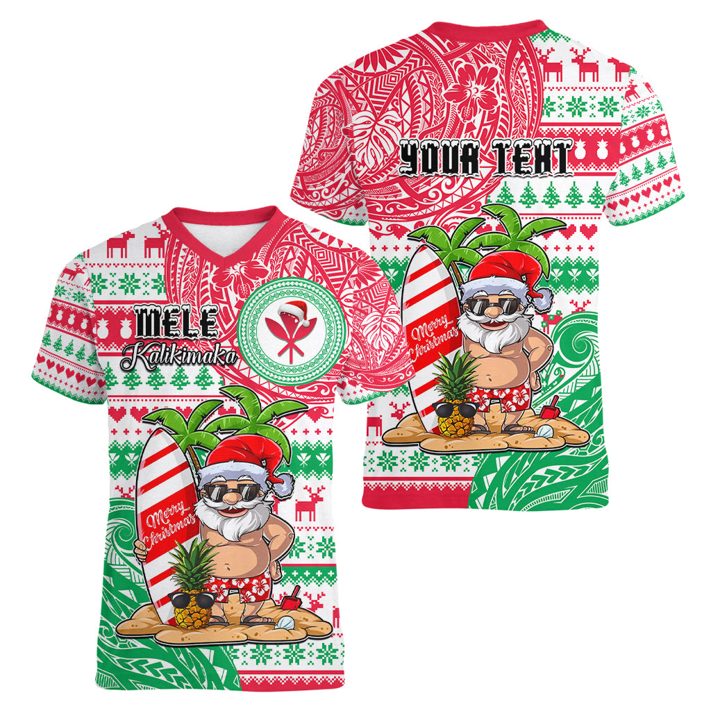 Personalized Hawaii Christmas Women V Neck T Shirt Santa Claus Surf Mele Kalikimaka LT05 - Polynesian Pride