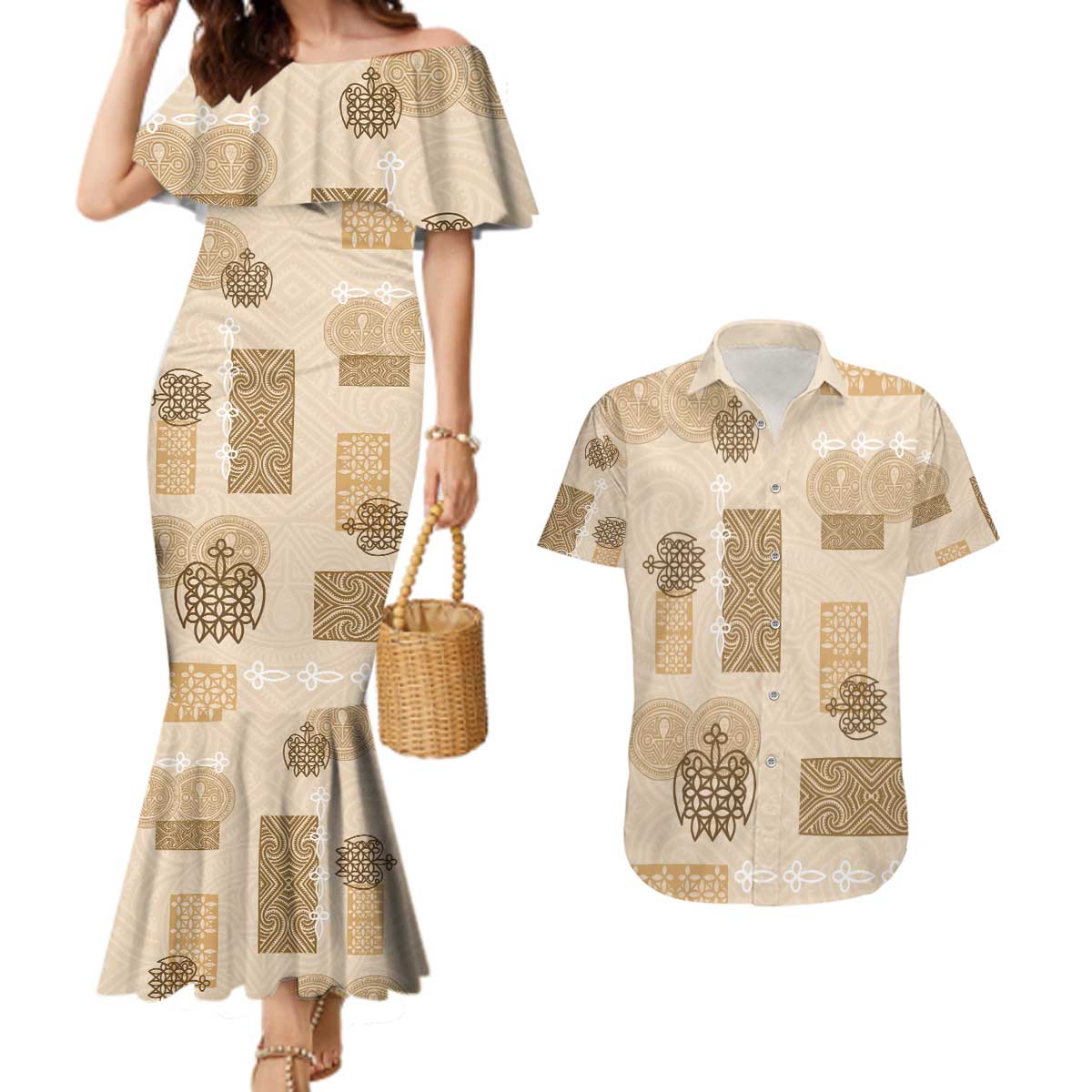 Vintage Lapita Couples Matching Mermaid Dress and Hawaiian Shirt Iconic Double Face Pattern Beige