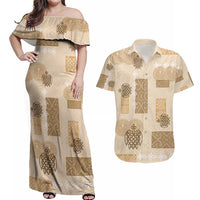 Vintage Lapita Couples Matching Off Shoulder Maxi Dress and Hawaiian Shirt Iconic Double Face Pattern Beige