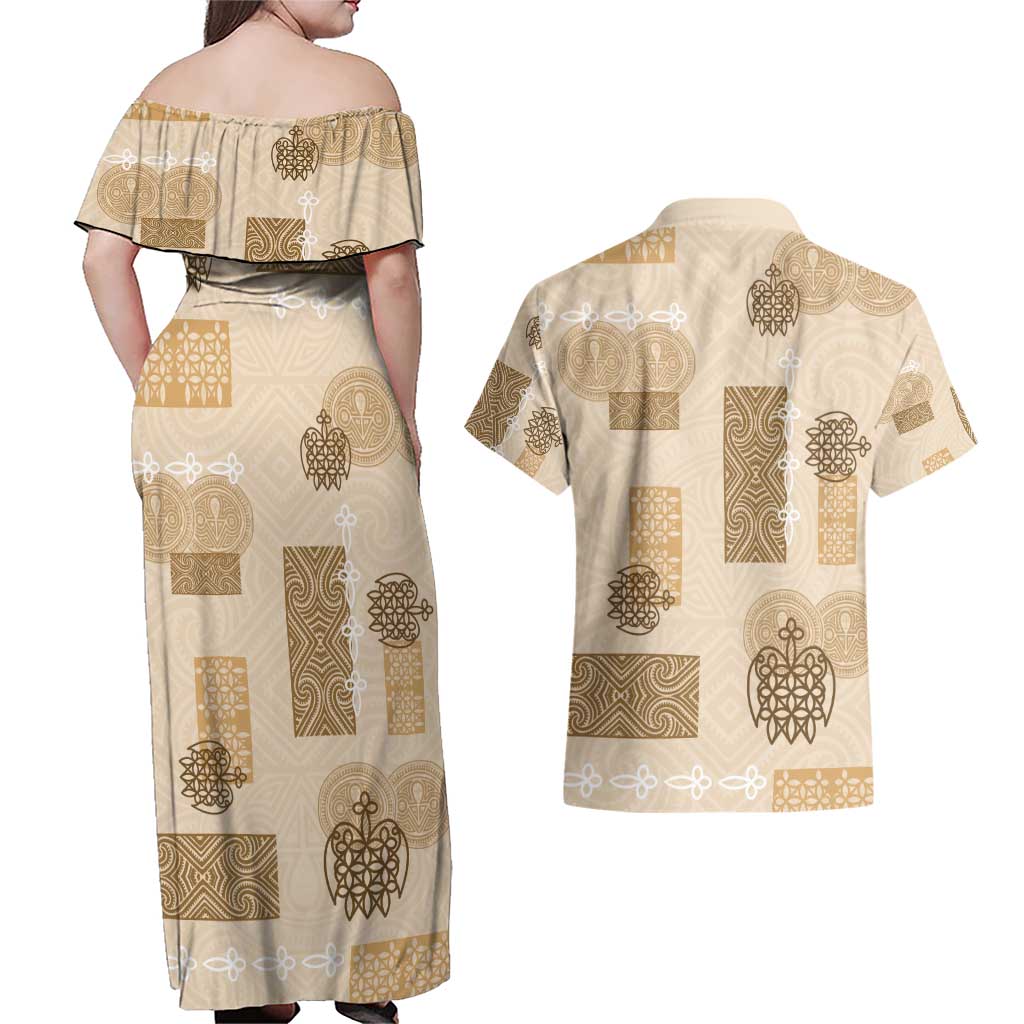 Vintage Lapita Couples Matching Off Shoulder Maxi Dress and Hawaiian Shirt Iconic Double Face Pattern Beige