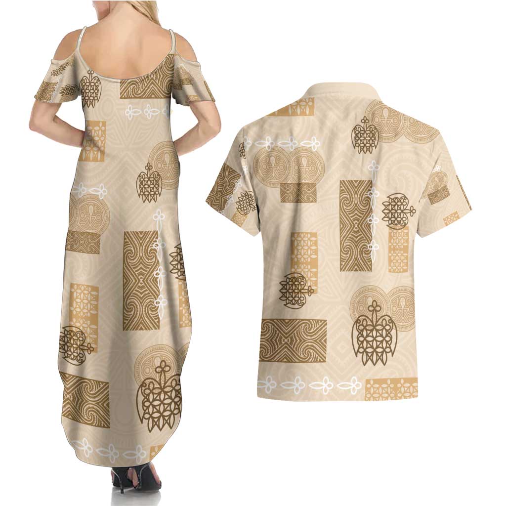 Vintage Lapita Couples Matching Summer Maxi Dress and Hawaiian Shirt Iconic Double Face Pattern Beige