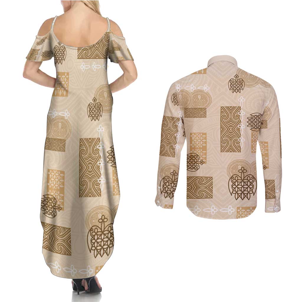 Vintage Lapita Couples Matching Summer Maxi Dress and Long Sleeve Button Shirt Iconic Double Face Pattern Beige