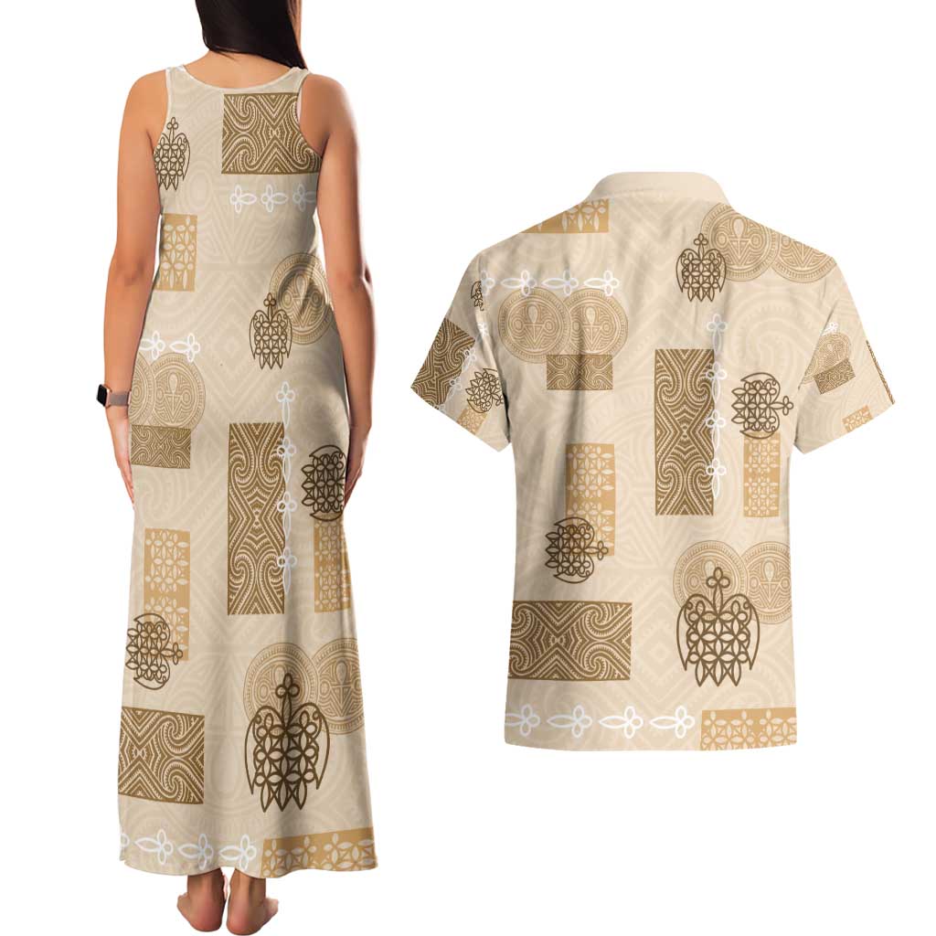 Vintage Lapita Couples Matching Tank Maxi Dress and Hawaiian Shirt Iconic Double Face Pattern Beige