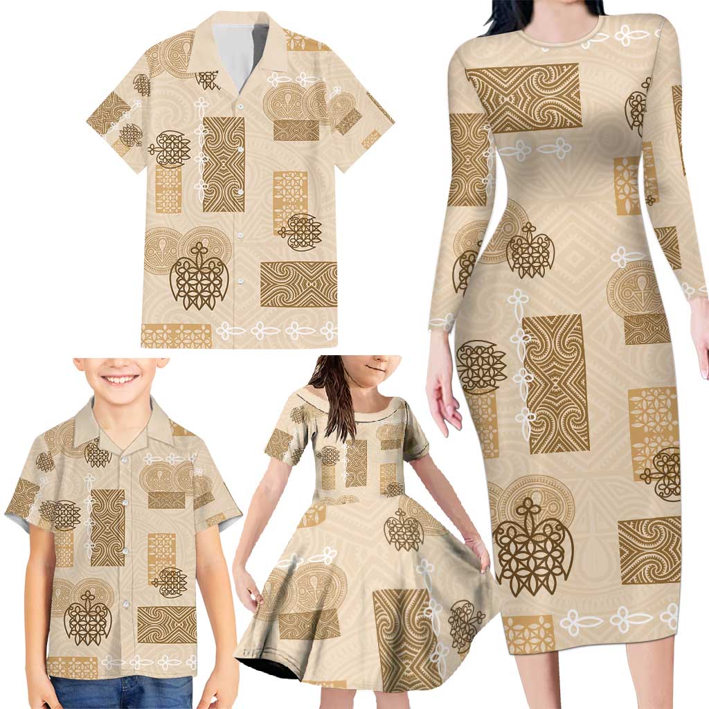 Vintage Lapita Family Matching Long Sleeve Bodycon Dress and Hawaiian Shirt Iconic Double Face Pattern Beige
