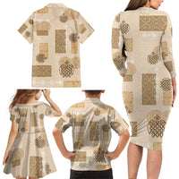 Vintage Lapita Family Matching Long Sleeve Bodycon Dress and Hawaiian Shirt Iconic Double Face Pattern Beige