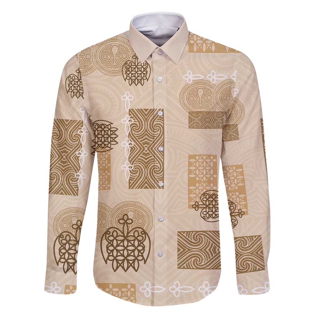 Vintage Lapita Family Matching Long Sleeve Bodycon Dress and Hawaiian Shirt Iconic Double Face Pattern Beige