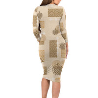 Vintage Lapita Family Matching Long Sleeve Bodycon Dress and Hawaiian Shirt Iconic Double Face Pattern Beige