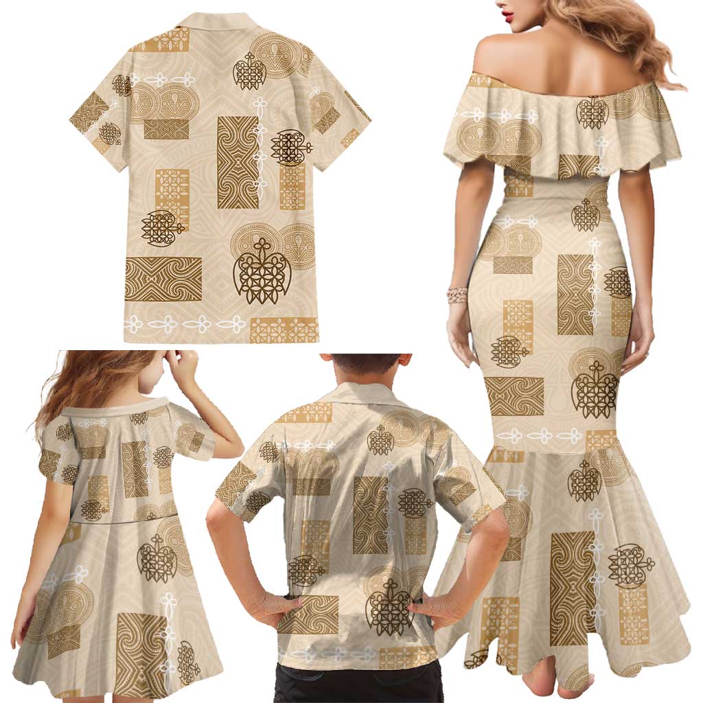 Vintage Lapita Family Matching Mermaid Dress and Hawaiian Shirt Iconic Double Face Pattern Beige