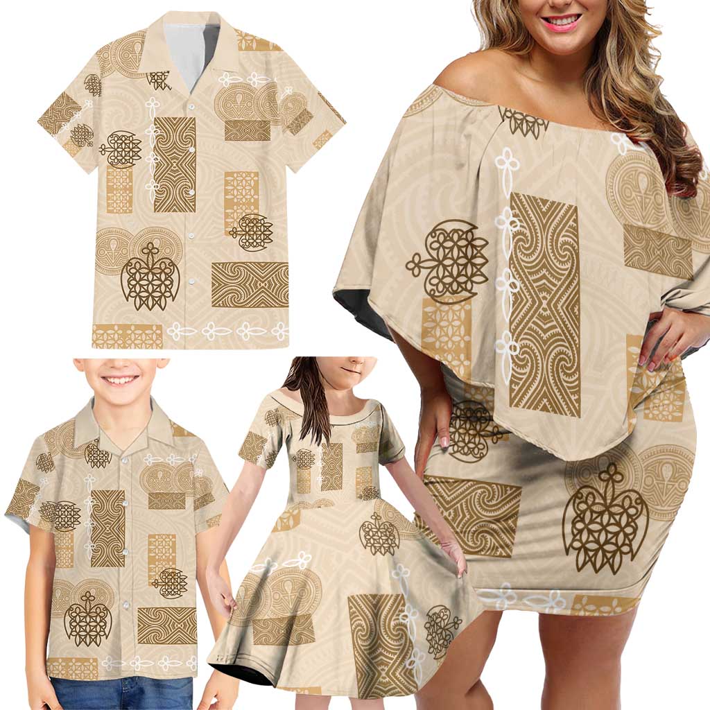 Vintage Lapita Family Matching Off Shoulder Short Dress and Hawaiian Shirt Iconic Double Face Pattern Beige
