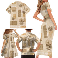 Vintage Lapita Family Matching Short Sleeve Bodycon Dress and Hawaiian Shirt Iconic Double Face Pattern Beige