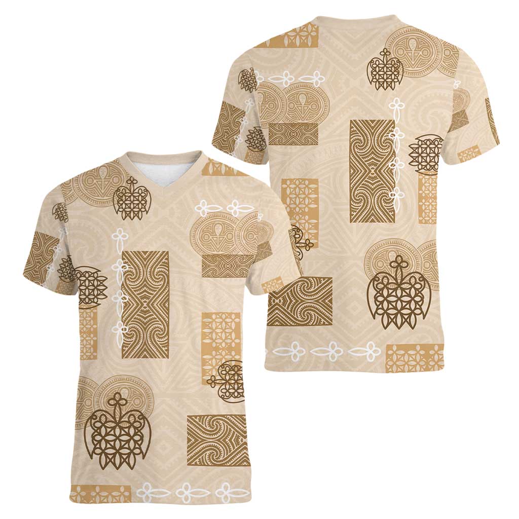 Vintage Lapita Women V-Neck T-Shirt Iconic Double Face Pattern Beige