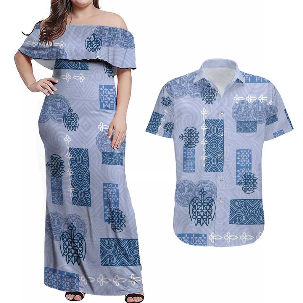 Vintage Lapita Couples Matching Off Shoulder Maxi Dress and Hawaiian Shirt Iconic Double Face Pattern Blue