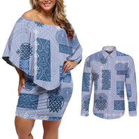 Vintage Lapita Couples Matching Off Shoulder Short Dress and Long Sleeve Button Shirt Iconic Double Face Pattern Blue