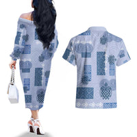 Vintage Lapita Couples Matching Off The Shoulder Long Sleeve Dress and Hawaiian Shirt Iconic Double Face Pattern Blue
