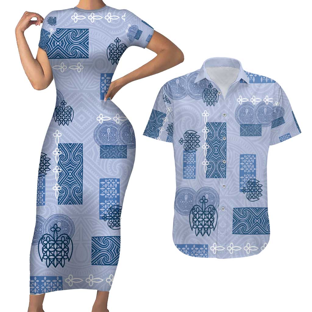 Vintage Lapita Couples Matching Short Sleeve Bodycon Dress and Hawaiian Shirt Iconic Double Face Pattern Blue