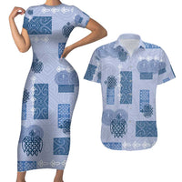 Vintage Lapita Couples Matching Short Sleeve Bodycon Dress and Hawaiian Shirt Iconic Double Face Pattern Blue
