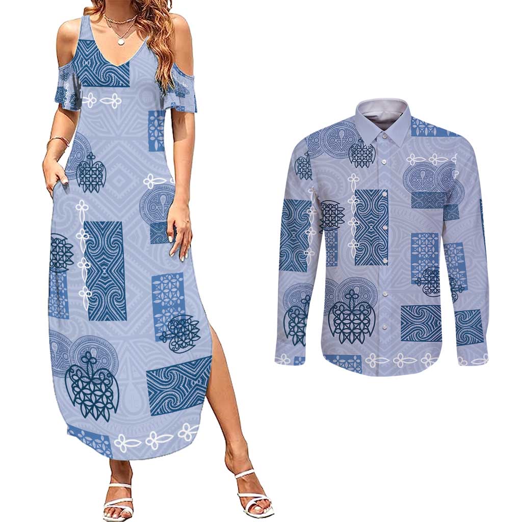 Vintage Lapita Couples Matching Summer Maxi Dress and Long Sleeve Button Shirt Iconic Double Face Pattern Blue LT05 Blue - Polynesian Pride