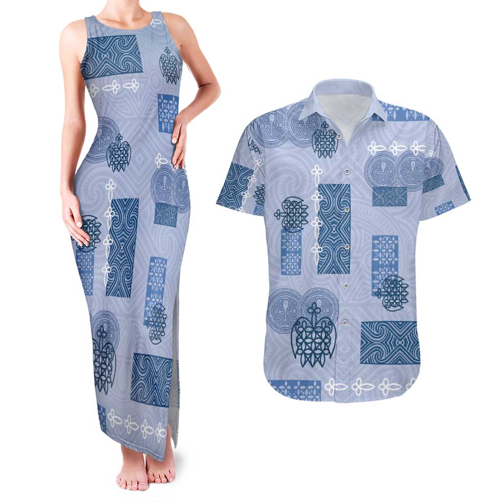 Vintage Lapita Couples Matching Tank Maxi Dress and Hawaiian Shirt Iconic Double Face Pattern Blue