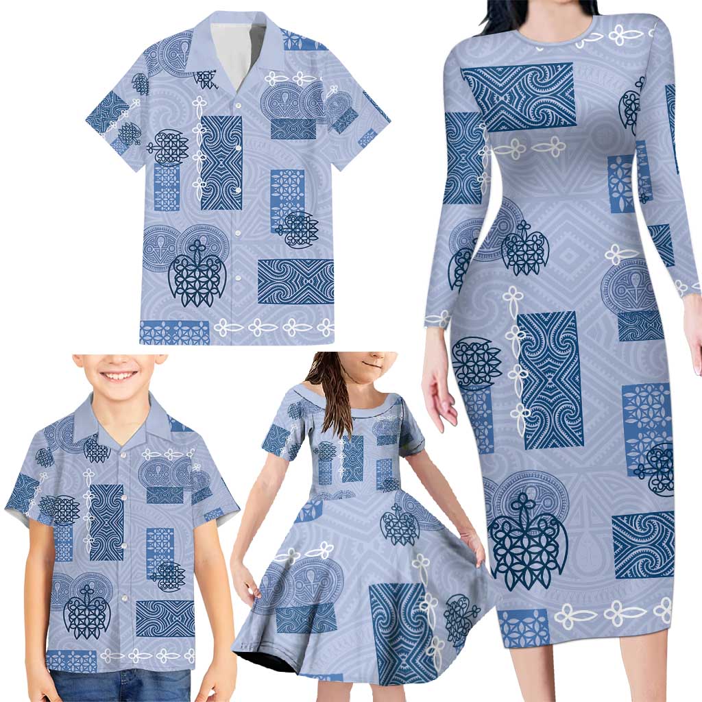 Vintage Lapita Family Matching Long Sleeve Bodycon Dress and Hawaiian Shirt Iconic Double Face Pattern Blue