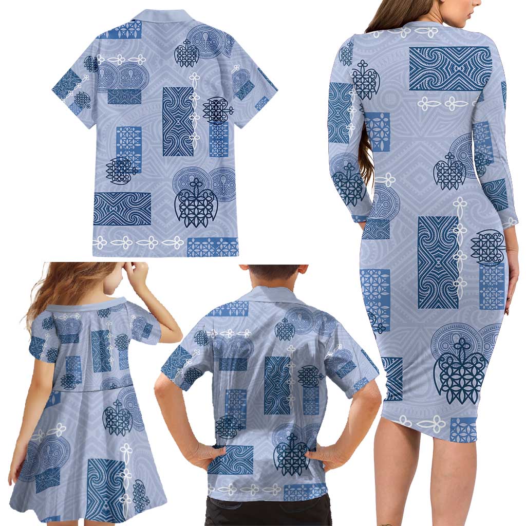 Vintage Lapita Family Matching Long Sleeve Bodycon Dress and Hawaiian Shirt Iconic Double Face Pattern Blue