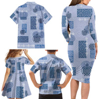 Vintage Lapita Family Matching Long Sleeve Bodycon Dress and Hawaiian Shirt Iconic Double Face Pattern Blue