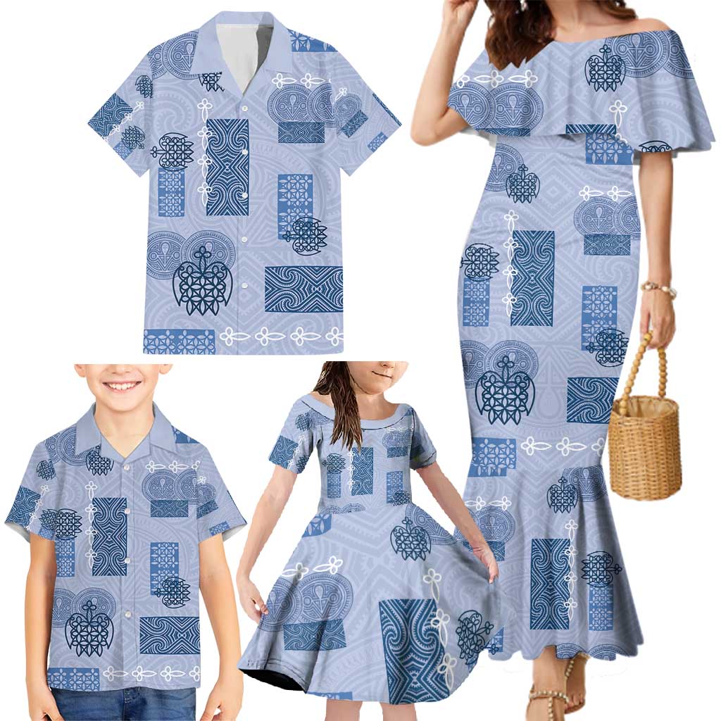 Vintage Lapita Family Matching Mermaid Dress and Hawaiian Shirt Iconic Double Face Pattern Blue