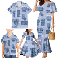 Vintage Lapita Family Matching Mermaid Dress and Hawaiian Shirt Iconic Double Face Pattern Blue