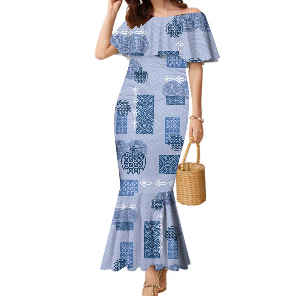 Vintage Lapita Family Matching Mermaid Dress and Hawaiian Shirt Iconic Double Face Pattern Blue