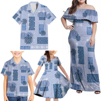 Vintage Lapita Family Matching Off Shoulder Maxi Dress and Hawaiian Shirt Iconic Double Face Pattern Blue
