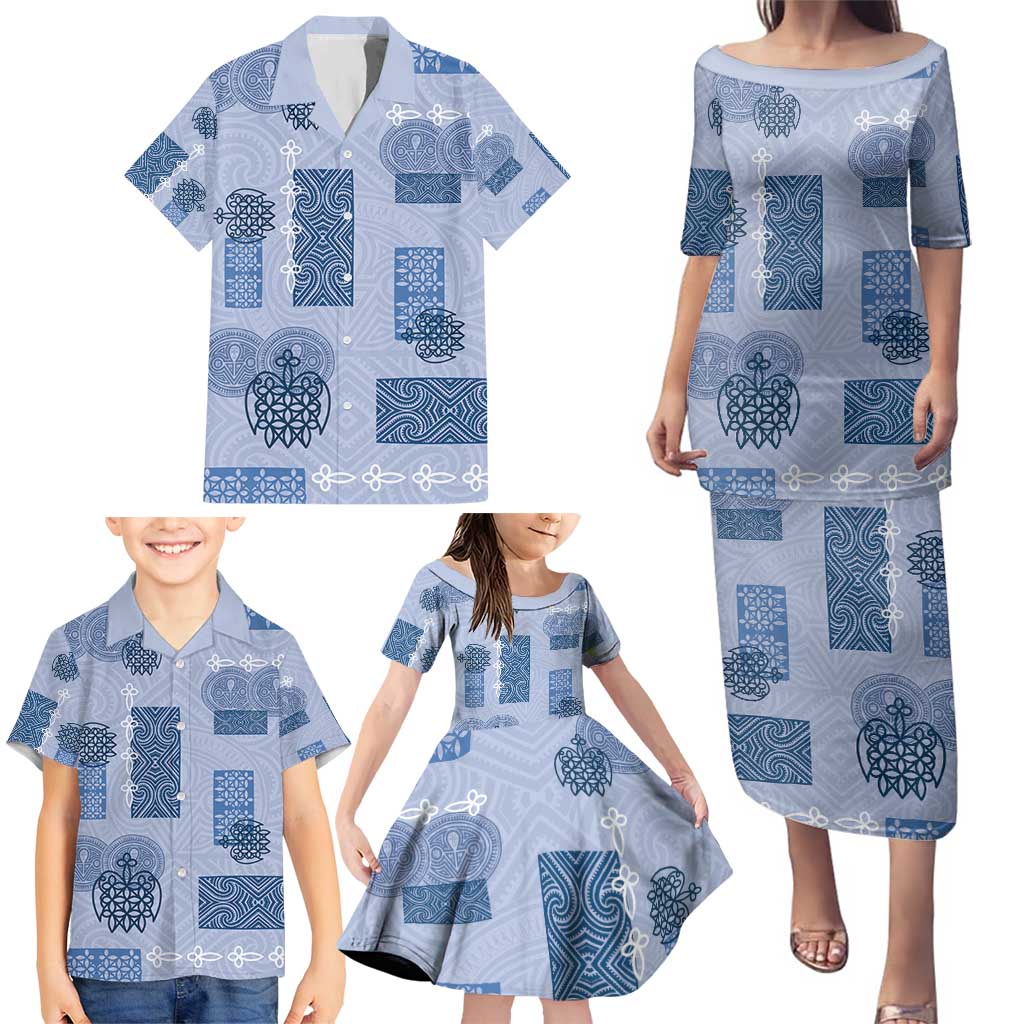 Vintage Lapita Family Matching Puletasi and Hawaiian Shirt Iconic Double Face Pattern Blue