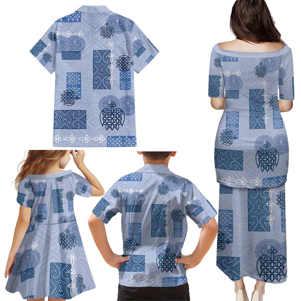 Vintage Lapita Family Matching Puletasi and Hawaiian Shirt Iconic Double Face Pattern Blue