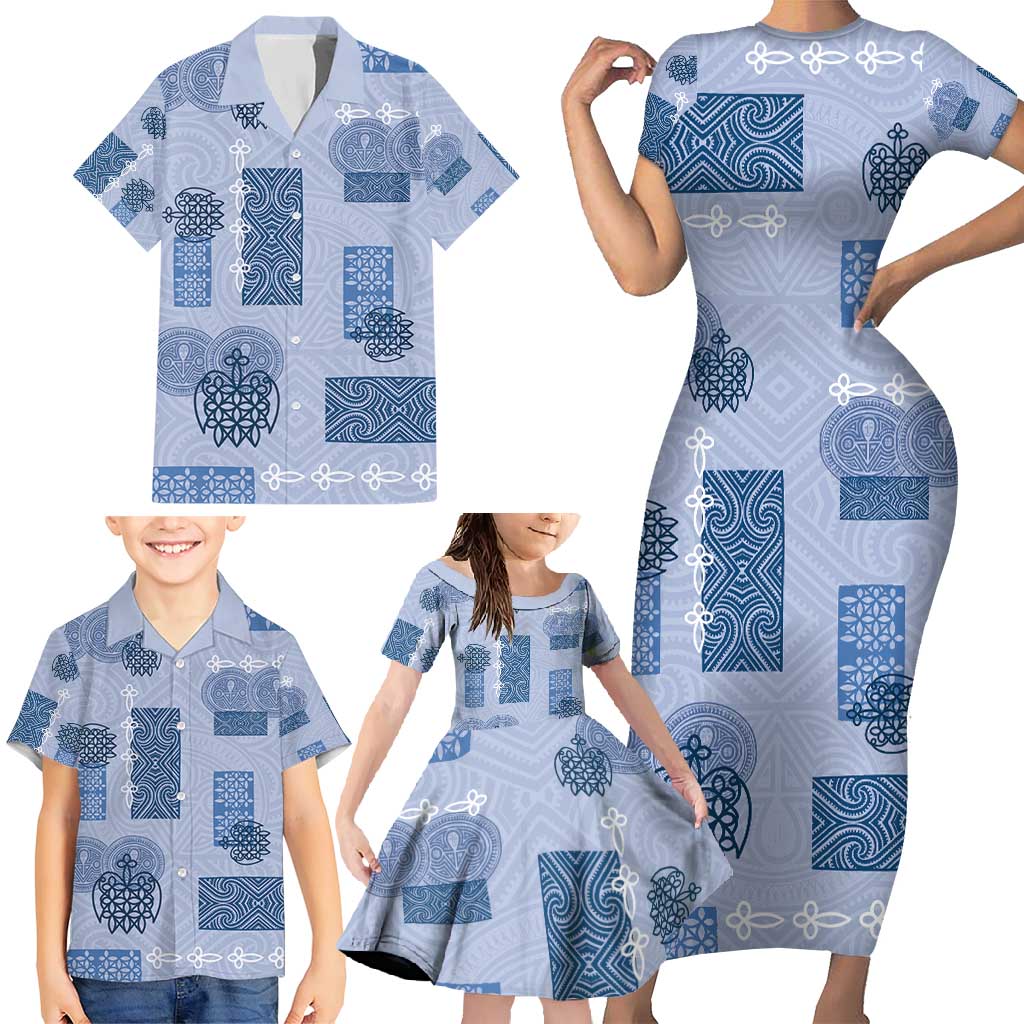 Vintage Lapita Family Matching Short Sleeve Bodycon Dress and Hawaiian Shirt Iconic Double Face Pattern Blue
