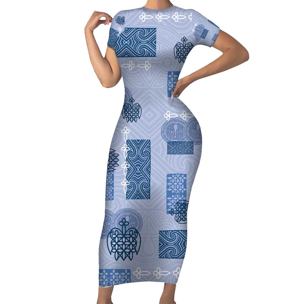 Vintage Lapita Family Matching Short Sleeve Bodycon Dress and Hawaiian Shirt Iconic Double Face Pattern Blue