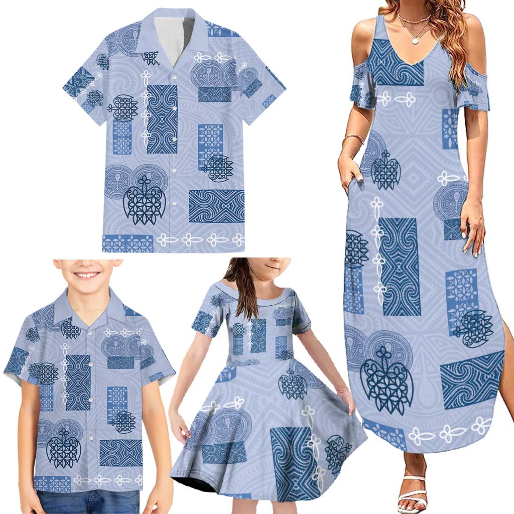 Vintage Lapita Family Matching Summer Maxi Dress and Hawaiian Shirt Iconic Double Face Pattern Blue