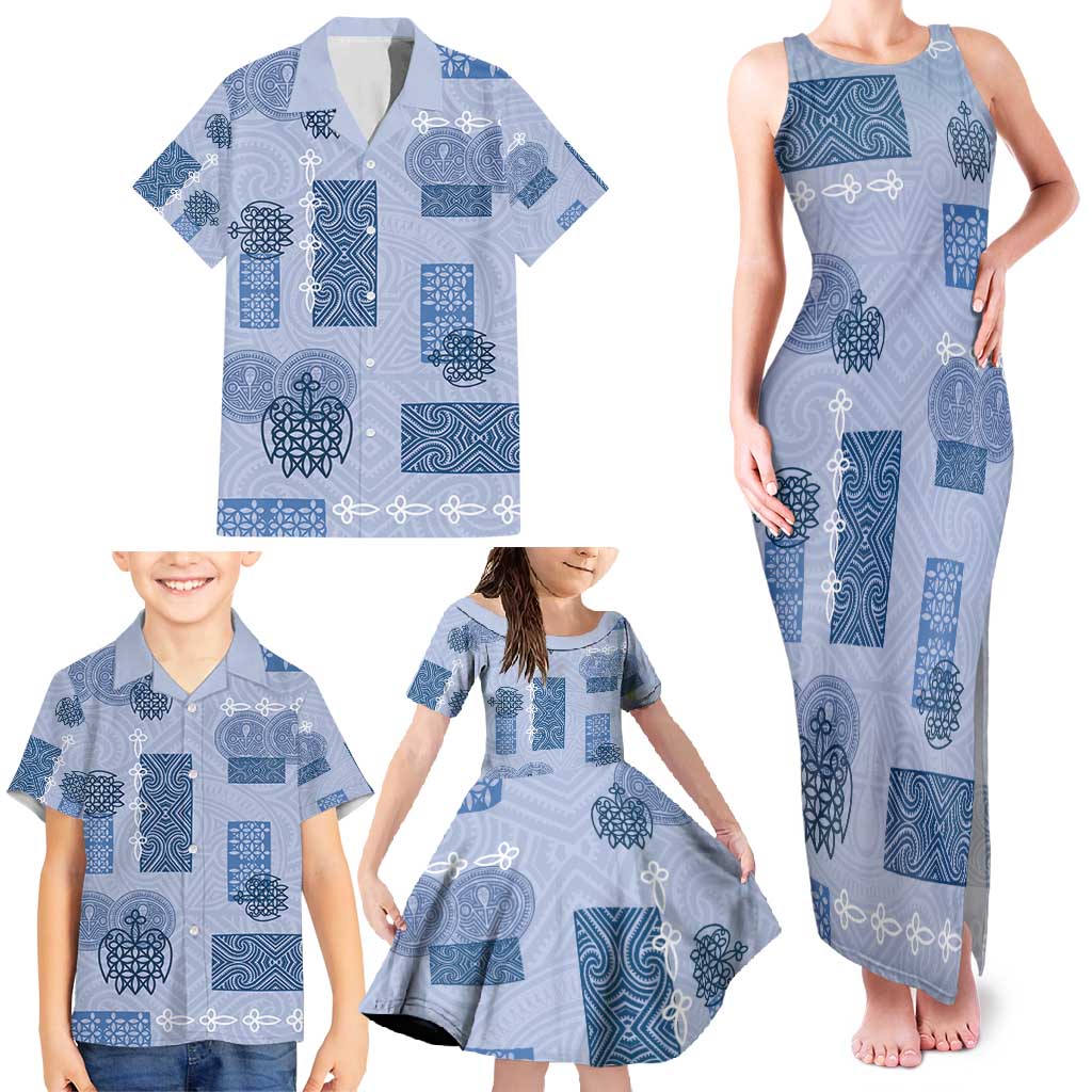 Vintage Lapita Family Matching Tank Maxi Dress and Hawaiian Shirt Iconic Double Face Pattern Blue