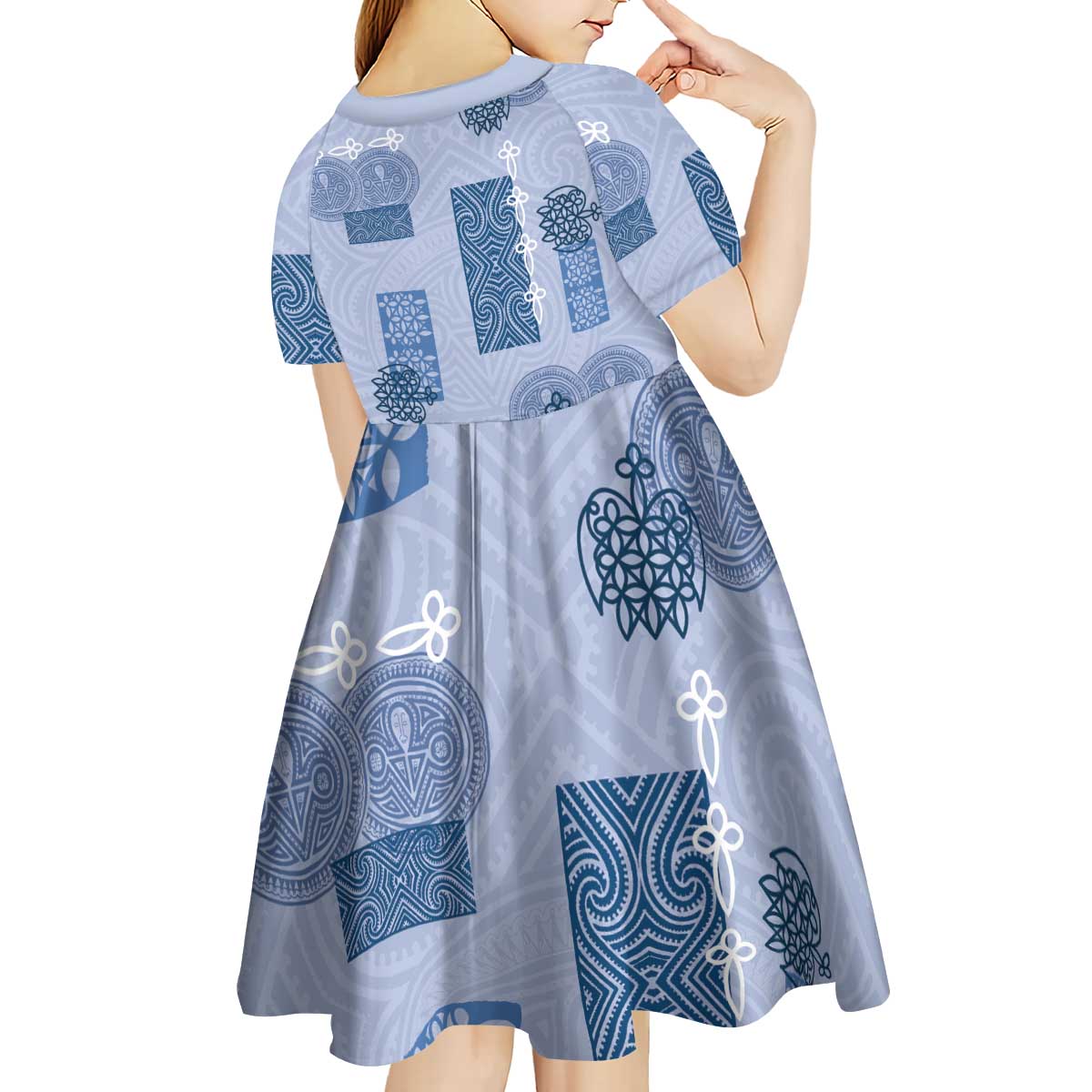 Vintage Lapita Kid Short Sleeve Dress Iconic Double Face Pattern Blue