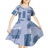 Vintage Lapita Kid Short Sleeve Dress Iconic Double Face Pattern Blue