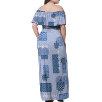 Vintage Lapita Off Shoulder Maxi Dress Iconic Double Face Pattern Blue