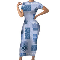 Vintage Lapita Short Sleeve Bodycon Dress Iconic Double Face Pattern Blue