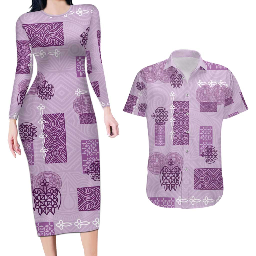 Vintage Lapita Couples Matching Long Sleeve Bodycon Dress and Hawaiian Shirt Iconic Double Face Pattern Violet