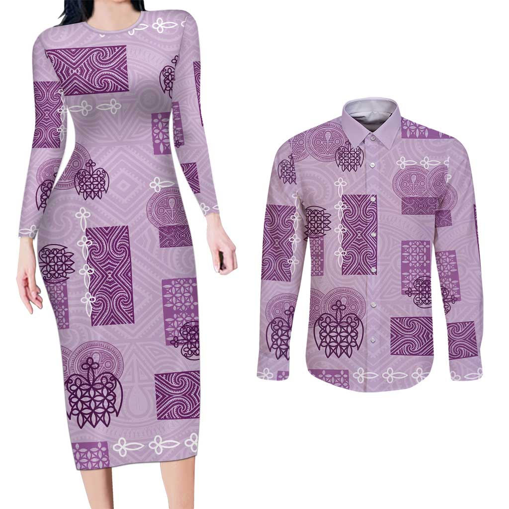 Vintage Lapita Couples Matching Long Sleeve Bodycon Dress and Long Sleeve Button Shirt Iconic Double Face Pattern Violet