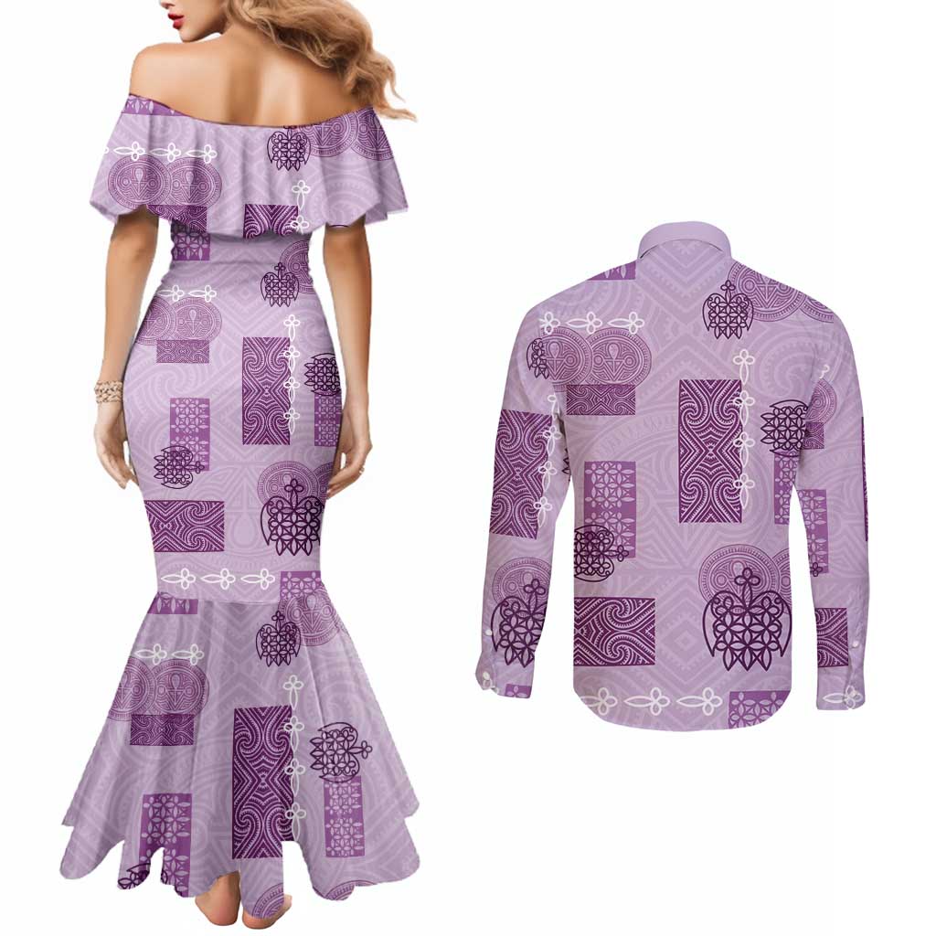 Vintage Lapita Couples Matching Mermaid Dress and Long Sleeve Button Shirt Iconic Double Face Pattern Violet