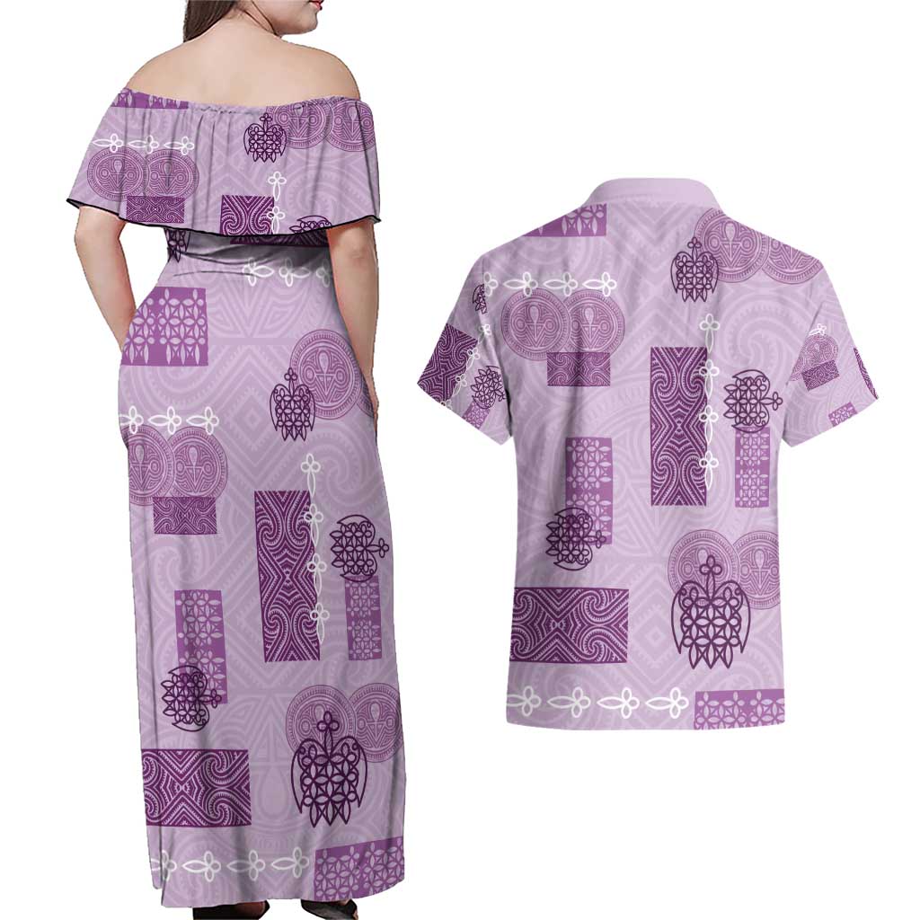 Vintage Lapita Couples Matching Off Shoulder Maxi Dress and Hawaiian Shirt Iconic Double Face Pattern Violet