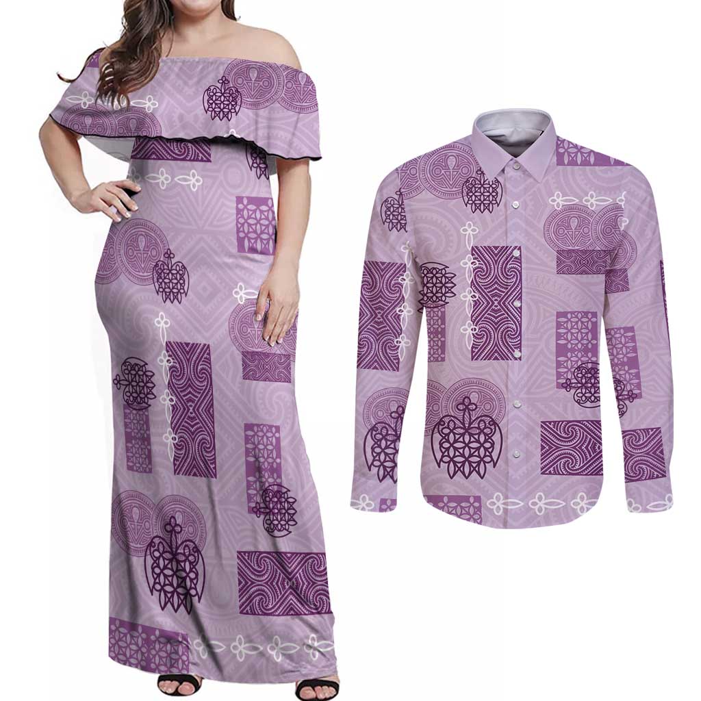 Vintage Lapita Couples Matching Off Shoulder Maxi Dress and Long Sleeve Button Shirt Iconic Double Face Pattern Violet LT05 Violet - Polynesian Pride