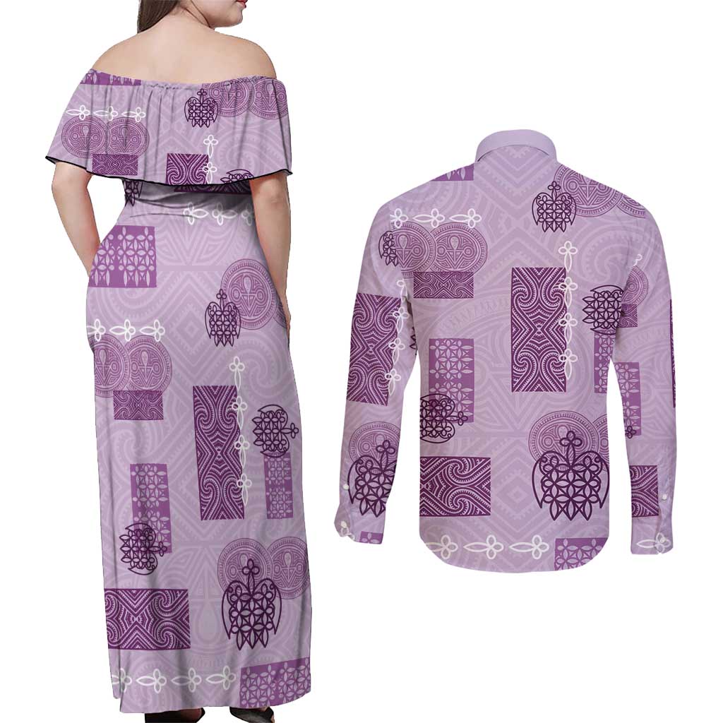 Vintage Lapita Couples Matching Off Shoulder Maxi Dress and Long Sleeve Button Shirt Iconic Double Face Pattern Violet LT05 - Polynesian Pride