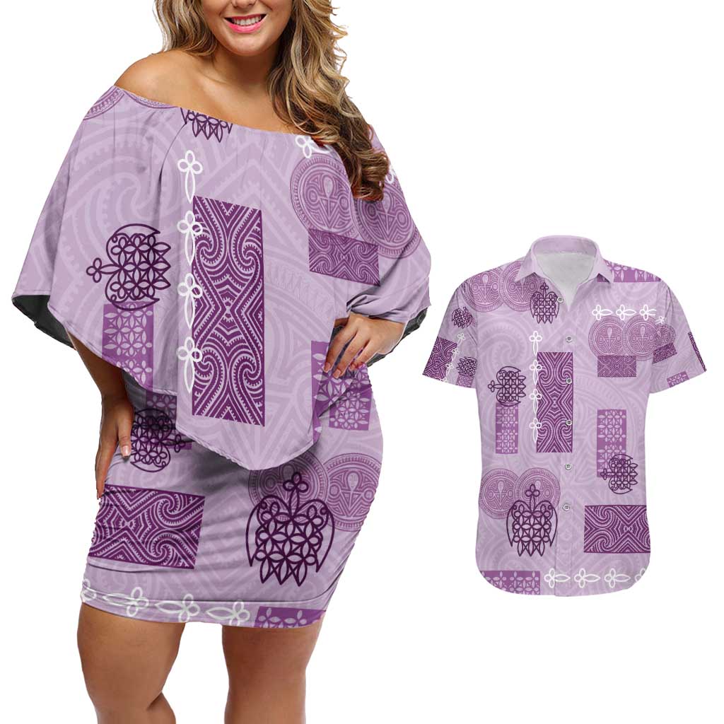 Vintage Lapita Couples Matching Off Shoulder Short Dress and Hawaiian Shirt Iconic Double Face Pattern Violet