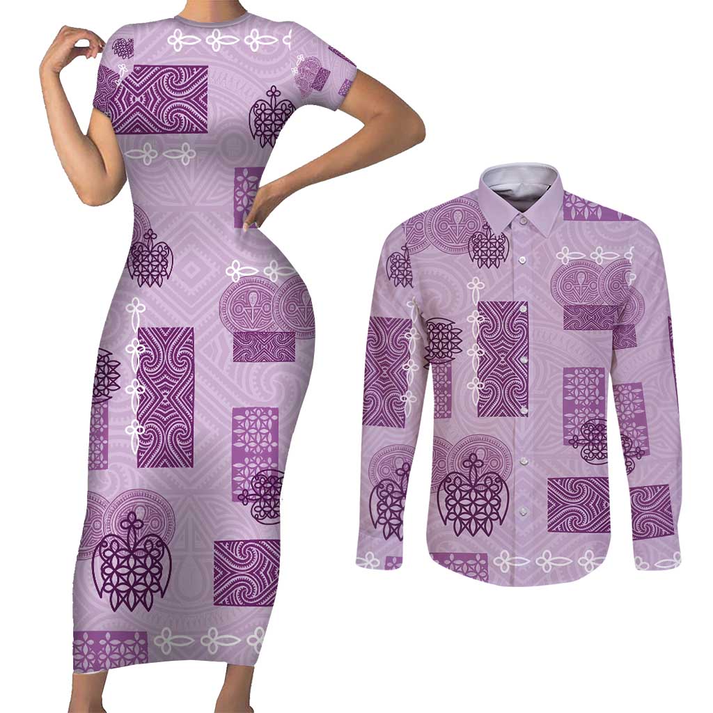 Vintage Lapita Couples Matching Short Sleeve Bodycon Dress and Long Sleeve Button Shirt Iconic Double Face Pattern Violet